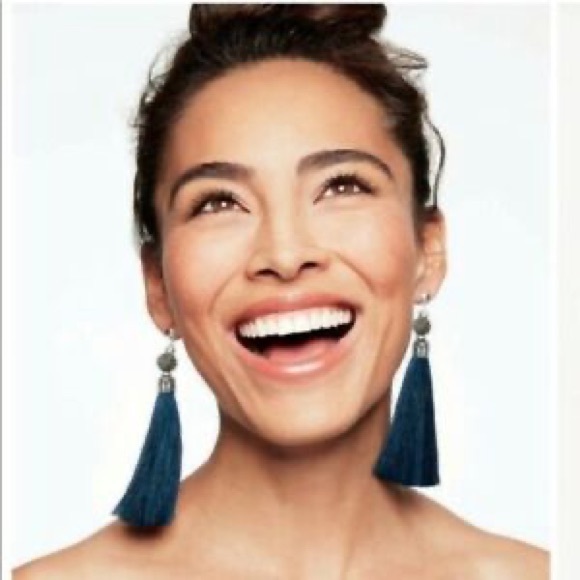 Stella & Dot Navy Blue Tassel & crystal chandelier disco ball sparkle earrings - Picture 2 of 2